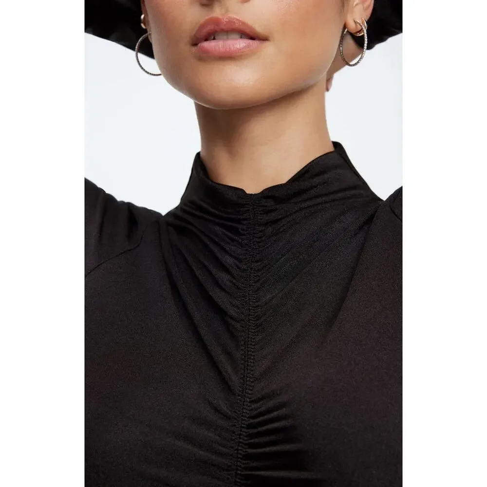 Good American Good Touch Disco Ruched Mock Neck Thong Bodysuit Black Size XXL